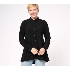 Dennis Basso Women's Top Sz XL Caviar Crepe Knit Button Front Big Black A619771